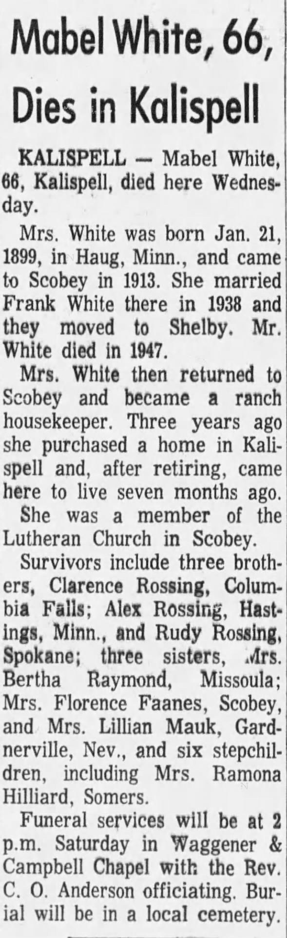 Obituary for Mabel White (Aged 66)